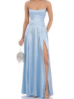Lucy in the Sky Pale Blue Satin Prom Gown with High Side Slit